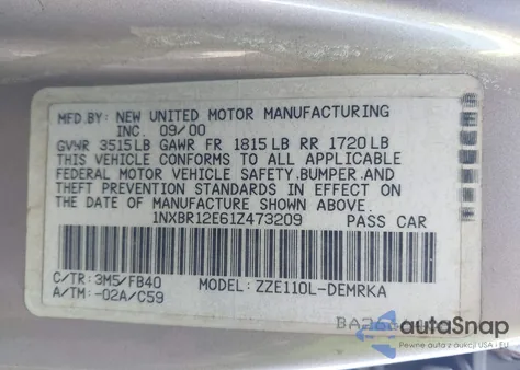 2001 Toyota Corolla Ce из США, поврежденный, VIN 1NXBR12E61Z473209